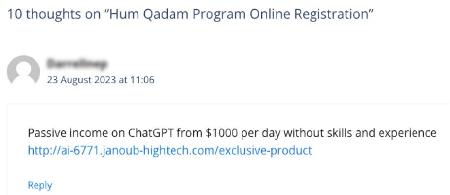 Screenshot of a blog comment dated 23 August 2023 on a post titled "10 Thoughts on Hum Qadam Program Online Registration," promoting a passive income opportunity on ChatGPT through a linked website.