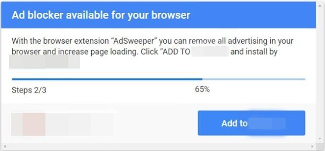 An informational prompt about an ad blocker extension titled "AdSweeper" for internet browsers, showing a progress bar at 65% with steps 2/3 finished.
