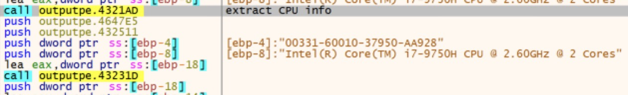 Screenshot of computer code in an IDE showing function calls and a highlighted text line displaying CPU specification: "Intel(R) Core(TM) i7-9750H CPU @ 2.60GHz @ 2 Cores."