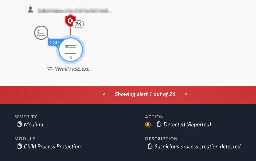 The image displays a computer security alert interface highlighting a medium severity threat, detected and reported as a suspicious process creation involving "WmiPrvSE.exe", with the interface showing that this is the first alert out of a total of 26. Some of the identifying information has been redacted. 