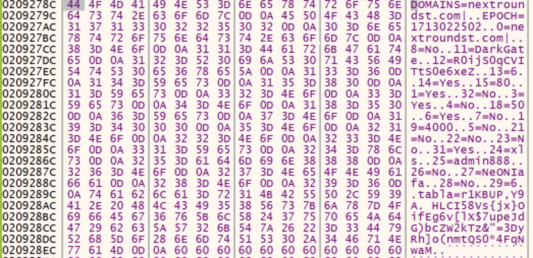 The image displays a screen of densely packed hexadecimal codes interspersed with ASCII characters, indicative of a data dump or computer code analysis. The included text references URLs, data references, and various technical terms.