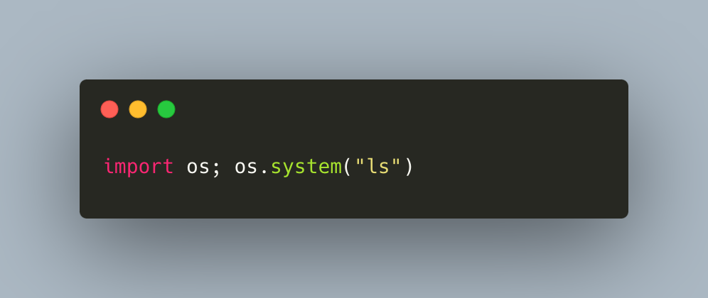 A screenshot of a coding terminal displaying Python code. The code imports the 'os' module and executes the Linux 'ls' command to list directory contents. The terminal window has a dark theme with a black background and white text, and there are three colored dots (red, yellow, green) at the top left corner.