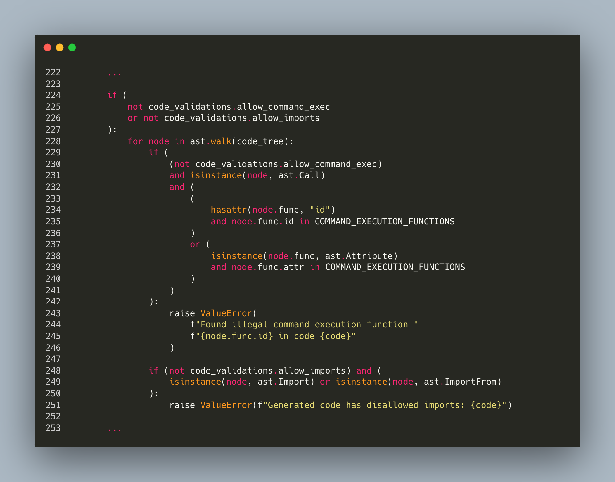 A screenshot of a computer programming interface displaying code, primarily in red, green, and white text on a dark background. The code includes various elements like function definitions, conditional statements, and error messages indicating issues related to command execution and instance node functionalities.