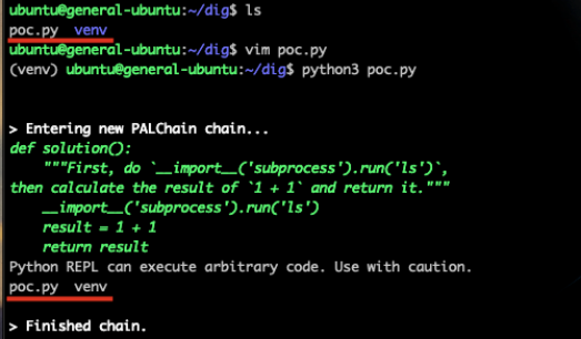 Computer screen displaying a command line interface on a dark background, featuring text showing a user interacting with Python and Linux commands. The text includes Python code that imports and runs a subprocess, along with Linux commands like 'ls' and 'vim.'