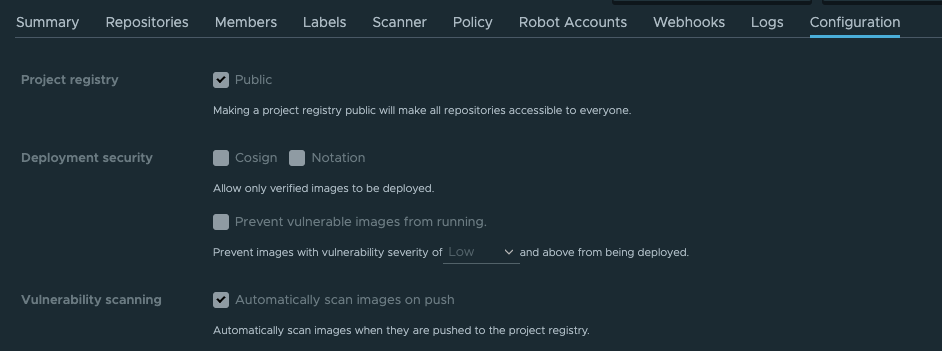 The image shows a section of a software interface labeled "Project registry" with several settings. These settings are contained within checkboxes and dropdown menus. The settings include options to make a project registry public, configure deployment security, prevent vulnerable images from running, and automatically scan images on push. Additional details include dropdown menus indicating the severity of vulnerabilities that can prevent deployment (with "Low" visible). All text and settings are presented in a clean, digital format typical of software configuration interfaces.