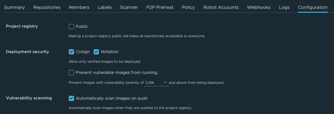 The image shows a user interface for a project registry configuration page with various settings options. It includes toggles and checkboxes with labels such as "Project registry," "Deployment security," and "Vulnerability scanning." The "Project registry" is set to "Public," "Deployment security" has "Only signed images" selected, and "Vulnerability scanning" is set to "Automatically scan images on push." The background is a standard GUI with a blue header, white main area, and black text. There are no images or animations, just plain text and interactive elements.