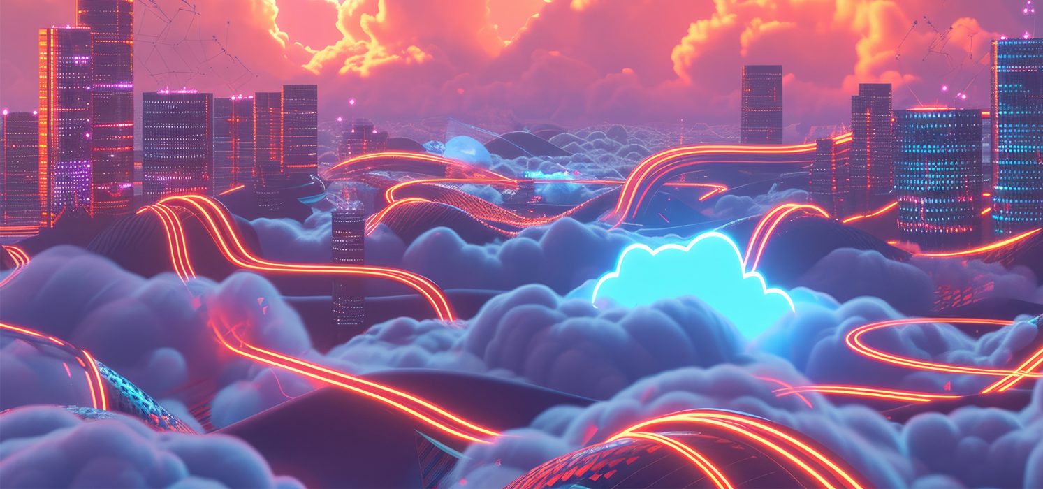 Pictorial representation of an extortion operation in the cloud. Vibrant digital artwork depicting a futuristic cityscape with glowing neon roads weaving through clouds, set against a backdrop of skyscrapers and a vivid sky.