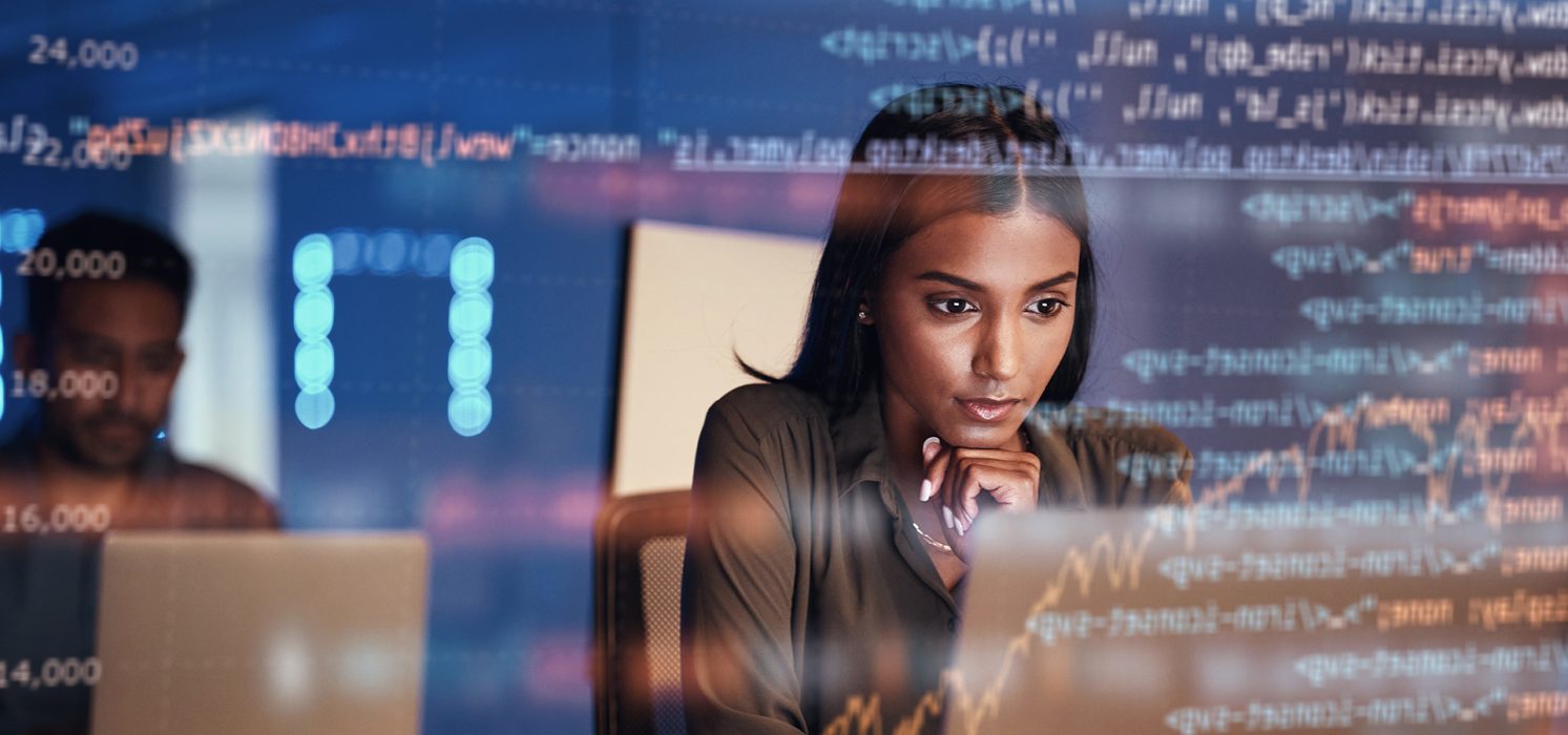 A pictorial representation of compromised GitHub repositories. A woman focuses intently on a computer in front of her. Overlaid across the screen are lines of code, suggesting a security technology focus.