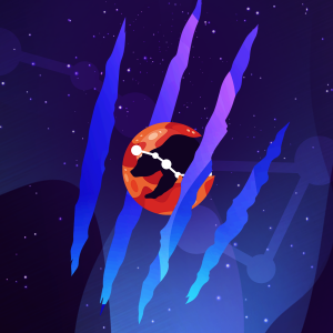 Pictorial representation of APT Fighting Ursa. The silhouette of a bear and the Ursa constellation inside an orange abstract planet. Abstract, stylized cosmic setting with vibrant blue and purple claw marks, representing space and distant planetary bodies.