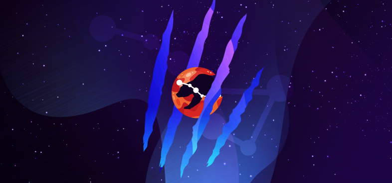 Pictorial representation of APT Fighting Ursa. The silhouette of a bear and the Ursa constellation inside an orange abstract planet. Abstract, stylized cosmic setting with vibrant blue and purple claw marks, representing space and distant planetary bodies.