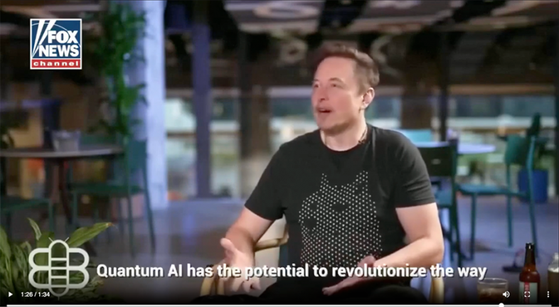 Elon Musk being interviewed. FOX News channel logo. Caption about Quantum AI's potential to revolutionize industry.