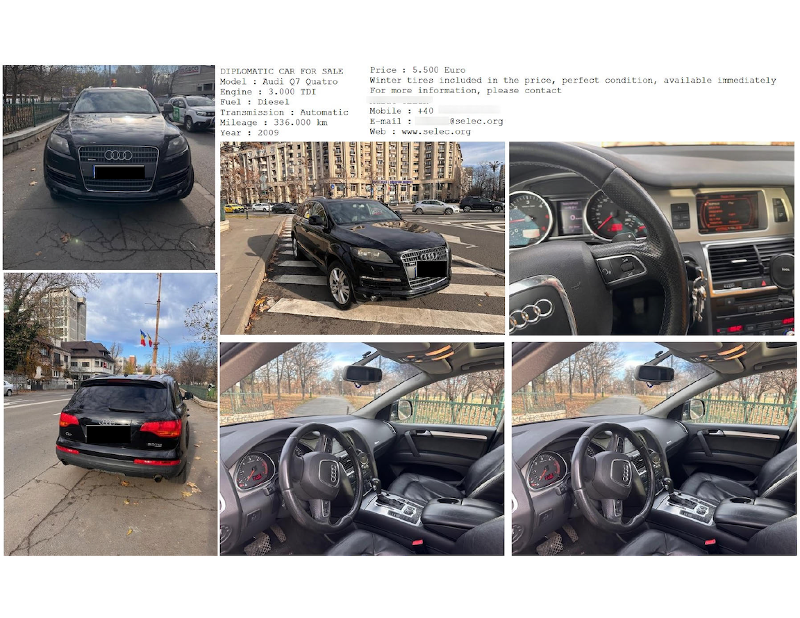 Compilation of six photographs displaying a used Audi Q7 for sale. The top three images show the front, side, and rear exterior views of a black Audi parked on a street. The bottom left image features the car's dashboard, highlighting the odometer showing mileage at 150,390 km. The next two images provide different angles of the steering wheel and the control panel, showcasing the car interior. Inserted in the top-middle image, there is a text detail about the car, listing price, year, model, trim, transmission type, mileage, web contact details, condition statement, and availability, all uniformly typed in a clear font.