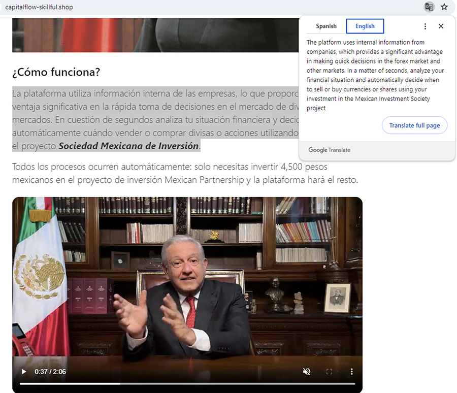 President Andrés Manuel López Obrador of Mexico speaking at a desk with the Mexican flag displayed in the background and books on shelves. There is a popup to translate the page into English or Spanish.