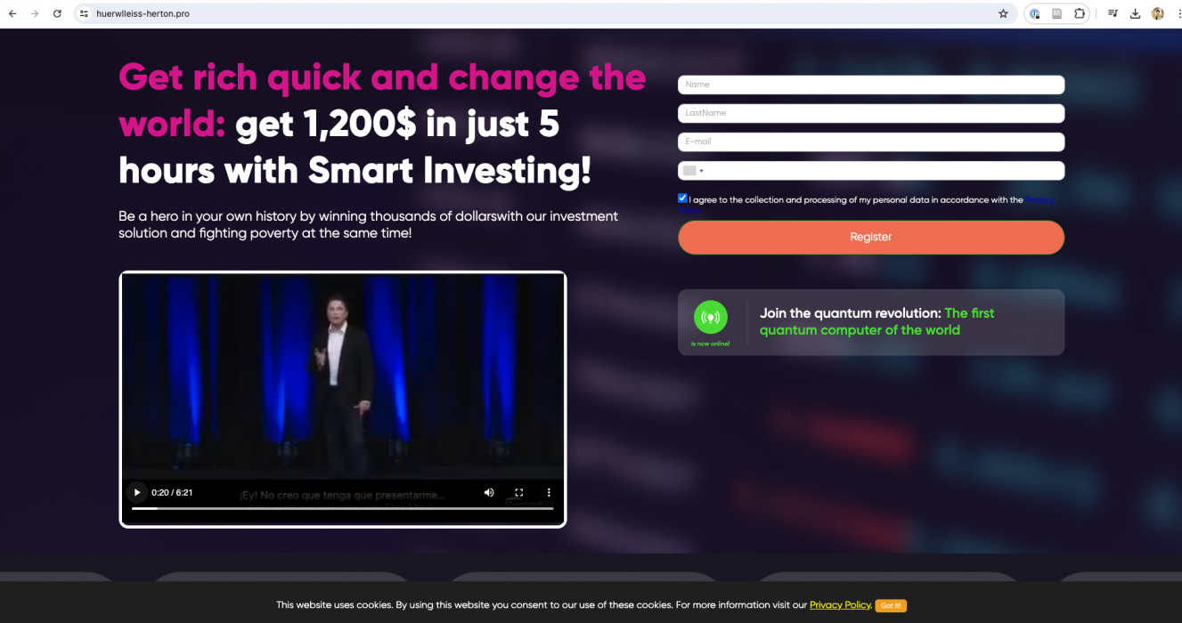 SmartInvests promotional website page featuring a video of a person speaking on stage, flanked by blue lighting, with text overlay encouraging investment to change the world and get rich quickly. Text asks the reader to join the quantum revolution. 