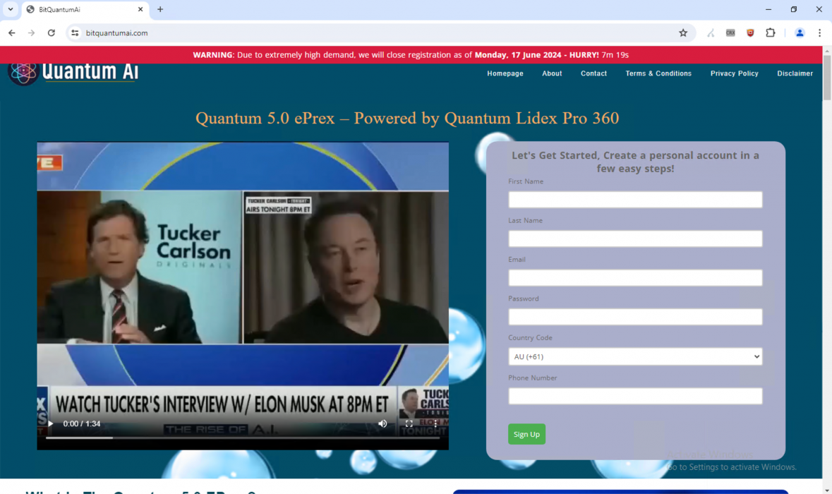 Screen shows a split image with a promotional banner for "Tucker Carlson Originals" featuring Tucker Carlson on the left and Elon Musk on the right, announcing an interview event. On the right side of the screen, there is a web interface for creating an account with fields for name, email, country, and phone number.