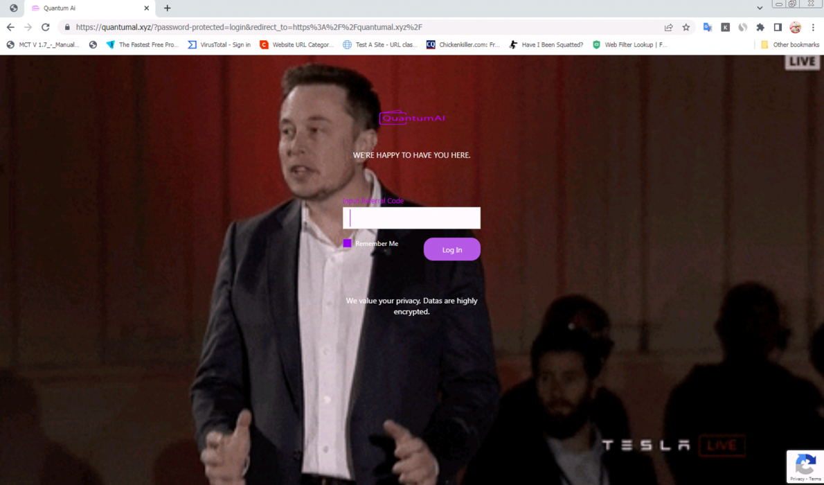 Elon Musk presenting on stage at an event, with a projected background image and audience visible. The webpage also shows an overlay with a login prompt from QuantumAI. The Tesla logo is on the bottom right of the screen. There is a CAPTCHA refresh button. 