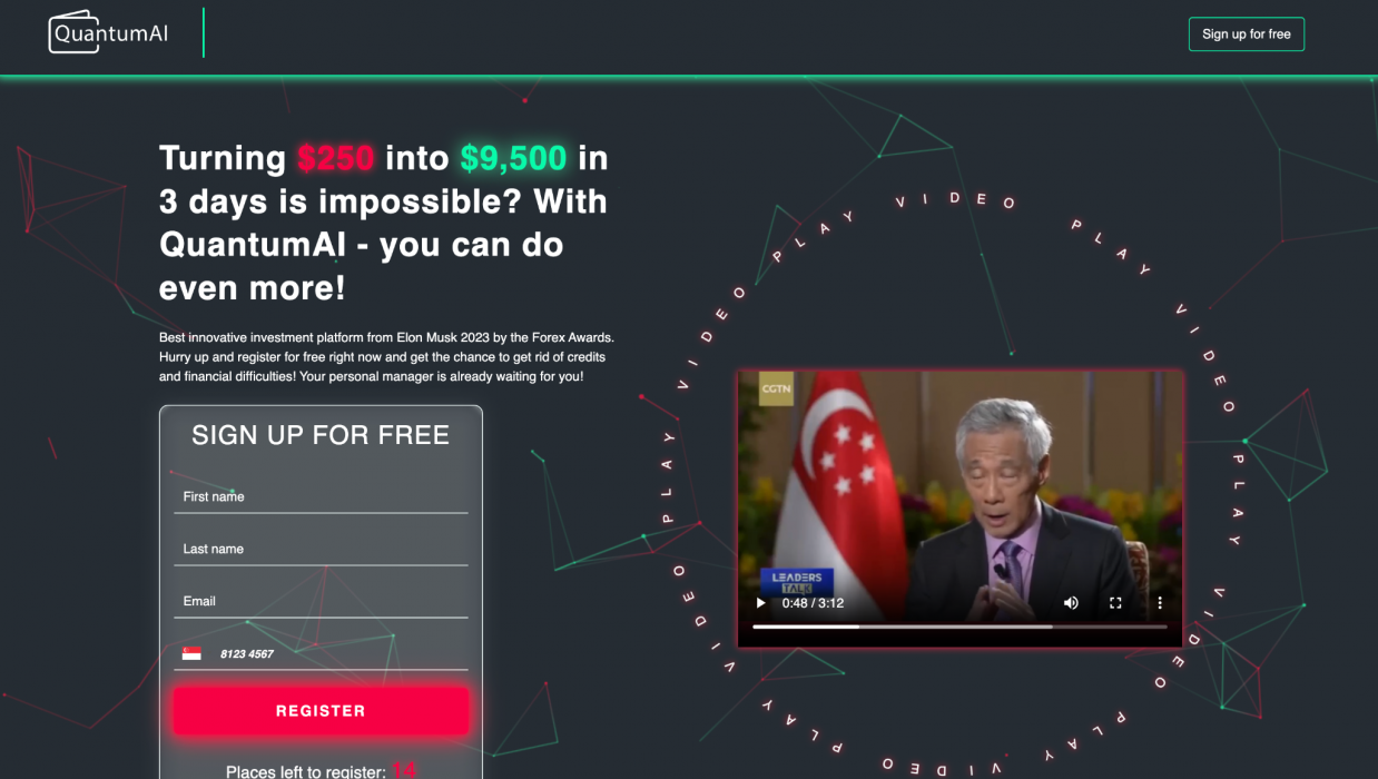 QuantumAI website homepage featuring a promotional banner about turning $250 into $9,000, an invitation to sign up for free, and a video playback window showing a news segment with an interviewee speaking, adorned by the Singapore flag in the background.