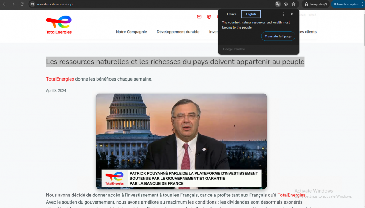 Screenshot of the TotalEnergies website featuring a news video with a person speaking, set against a backdrop displaying the U.S. Capitol building. The page includes text in French about national resources and wealth, dated April 1, 2024.