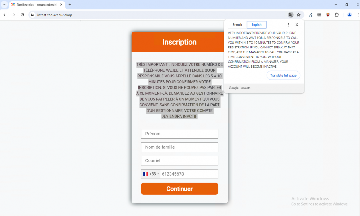 A screenshot of a webpage in French from "pokelawee.fr" with an "Inscription" form asking for "Nom de famille" (last name) and a contact number, set against a vibrant orange background. The form contains a text box for entering details and a "Continuer" button. There is a popup to translate the page into English or French.