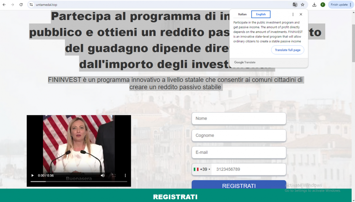 A screenshot of a website promoting a program with an embedded video featuring a person speaking at a podium, with an American flag in the background. The website is in Italian and includes fields for name and email for registration.