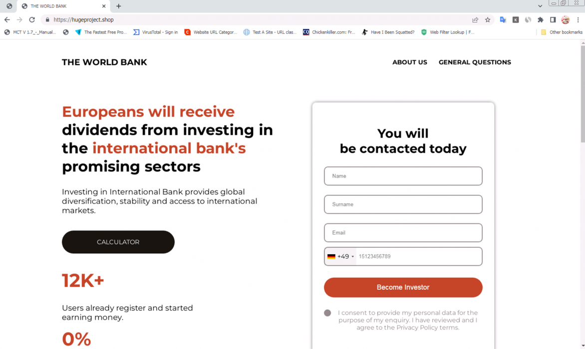 Web page interface of The World Bank with a headline about Europeans investing in international banks for diversification and stability. The right-hand portion contains a contact form asking for a first name, surname, email, and phone number, with a submit button to become an investor.