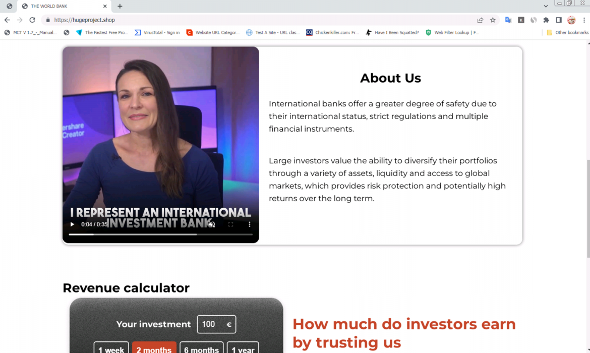 Person smiling in a paused video. On the right is an About Us field. Below this is a revenue calculate and the text "How much do investors earn by trusting us." 