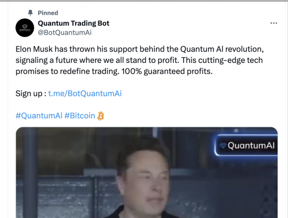 Tweet pinned by Quantum Trading Post X account. Elon Musk has thrown his support behind the Quantum AI revolution, signaling a future where we all stand to profit. This cutting-edge tech promises to redefine trading. 100% guaranteed profits. Video of Elon Musk speaking. Quantum AI logo. 