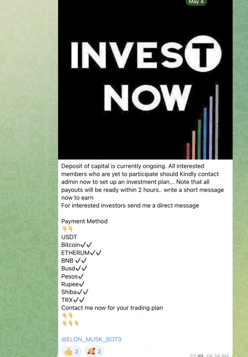 Screenshot of a social media post from 'ELON_MUSK_BOT3' with a patterned green background and text promoting an investment opportunity. The post invites members to contact the admin for setting up an investment plan, highlighting acceptance of various cryptocurrencies like Bitcoin, Ethereum and more.