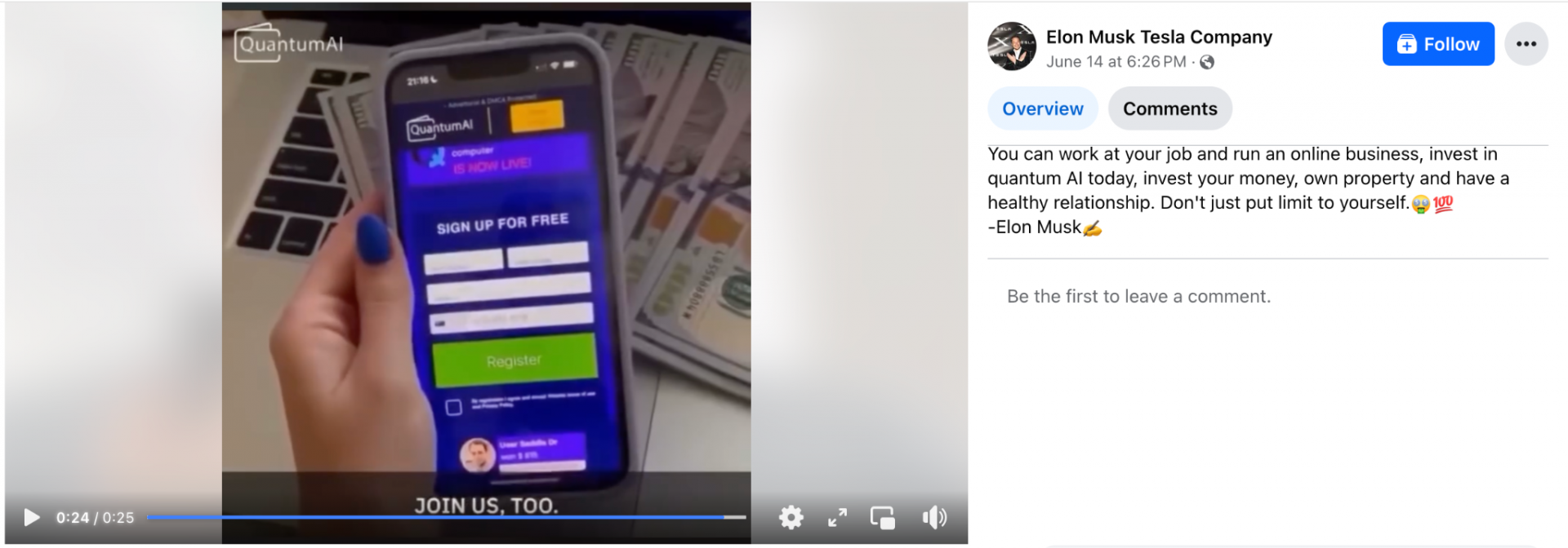 A person's hand holding a smartphone displaying an advertisement for joining QuantumAI. A laptop keyboard and bundles of 100 dollar bills are also visible on the desk. An accompanying Facebook post by "Elon Musk Tesla Company" encourages viewers to invest in Quantum AI.