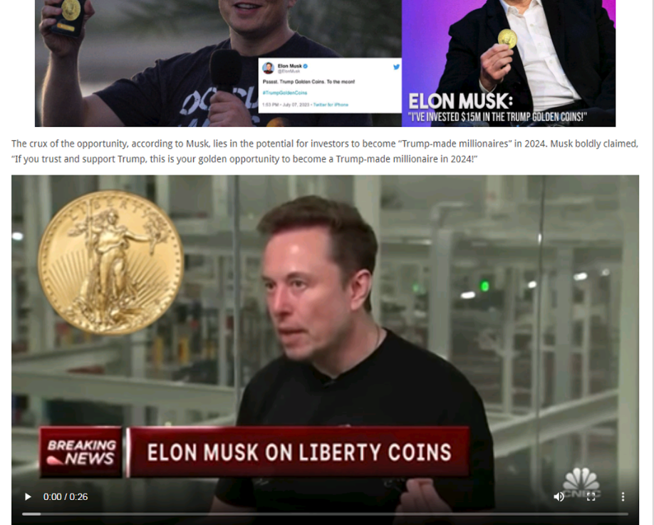 Elon Musk is featured in an NBC broadcast discussing Liberty Coins, with an inset image of a golden coin.