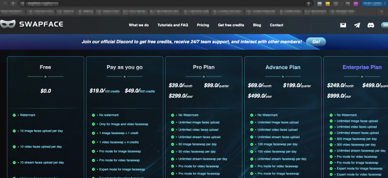 Screenshot of SWAPFACE's pricing page showing various subscription plans ranging from a free tier to an Enterprise plan, detailing features like image faces per day, team access, and no tracker storage for each level.