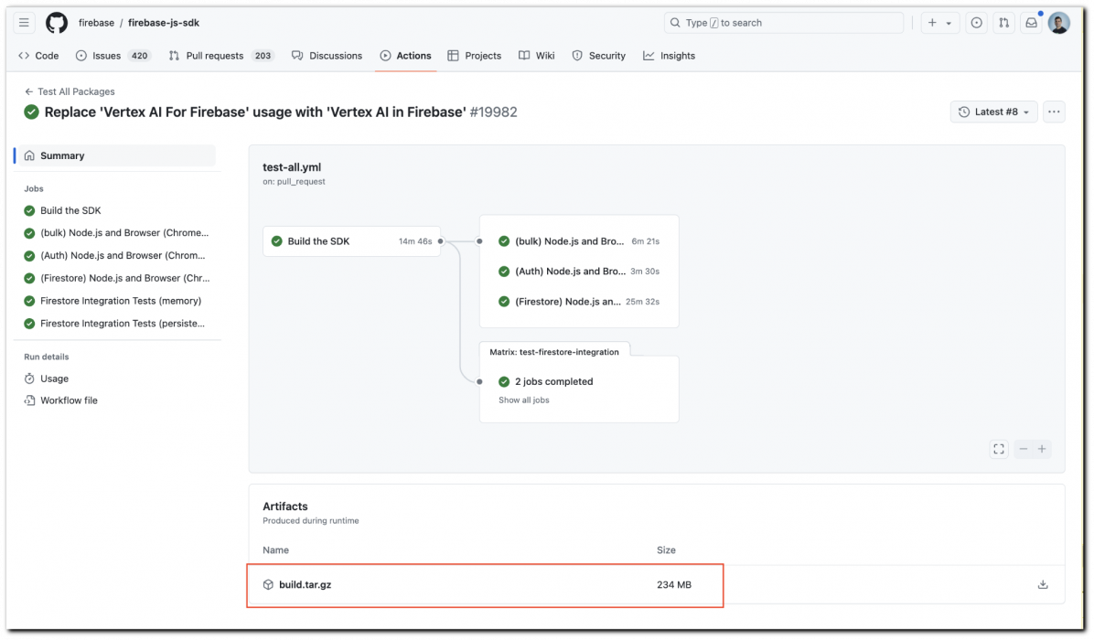 Screenshot of a Firebase project interface showing tasks in progress related to integrating Vertex AI. The image displays a summary panel, build logs, and a progress overview with tasks at various stages of completion.