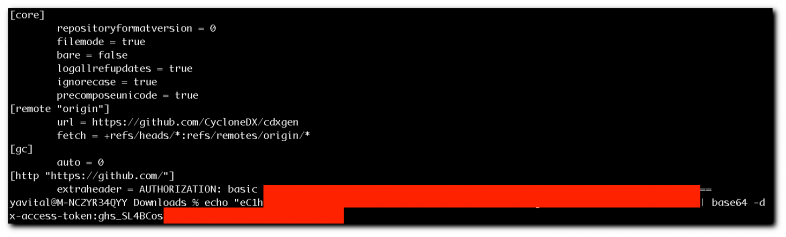 Screenshot of several lines of code and command lines, prominently showing GitHub repository URLs and a curl command including an authorization token. Some of the information is redacted. 