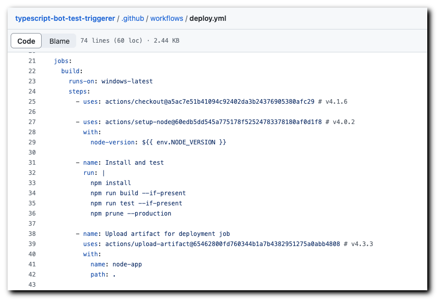 Screenshot of a GitHub Actions workflow file named "deploy.yml". The file contains YAML code for a continuous integration process. Key elements include setting up the environment, checking out a repository, installing npm dependencies, running a build, and uploading an artifact. Specific versions for node and npm are mentioned, indicating a well-documented and structured CI pipeline.