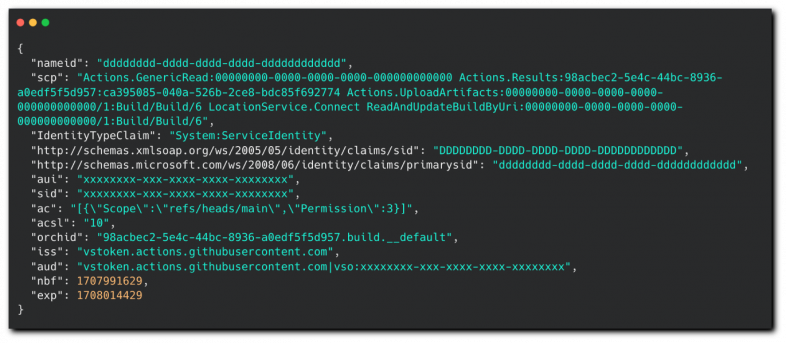 Screen displaying a JSON code snippet with various key-value pairs including IDs, actions, system services, and dates, highlighted with color coding in shades of yellow, orange, and green against a dark background. The code is detailed with authentication and configuration parameters.