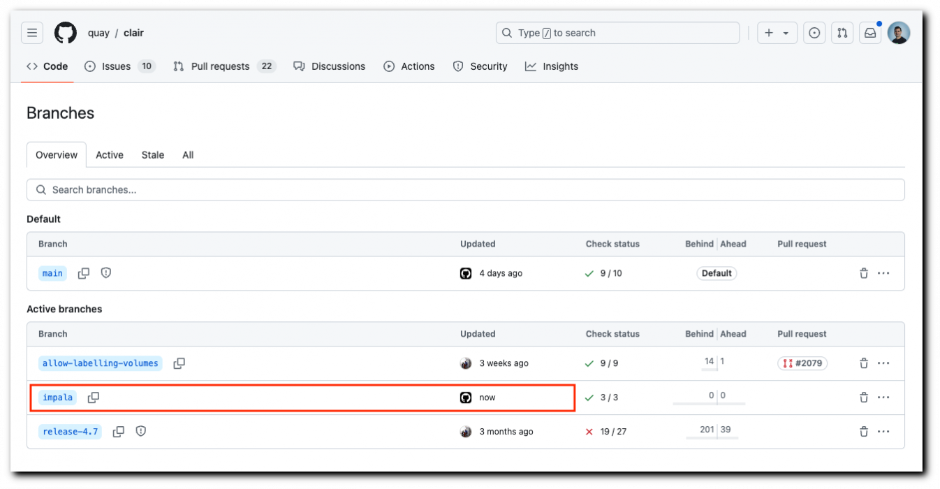 Screenshot of a GitHub repository page showing a list of branches. One branch named "impala" is highlighted in red. The top of the page contains tabs like Code, Issues, Pull requests, Actions, Security, Insights.