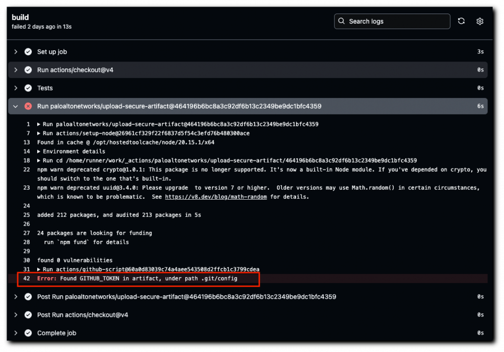 Screenshot of a software build process in a Continuous Integration tool interface. The interface is primarily in dark mode with white text. The main focus is on the build steps listed sequentially from top to bottom in the center of the image. Each step is prefixed with a time stamp, reflecting its execution status, such as "Run actions/checkout@v2." Error messages are highlighted in red text, specifically on line 42 which is highlighted in red.