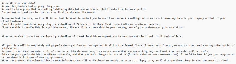 A ransomware demand, stating conditions and threats targeting a company's private data, with requirements for contacting the sender within 72 hours and making a payment within a week.