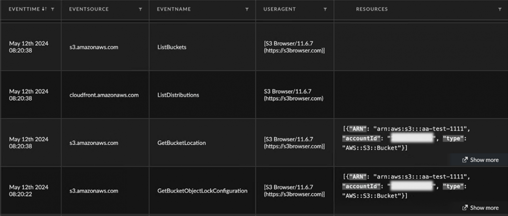 Screenshot of a log file showing events from various AWS services including S3 and CloudFront, with timestamps, event sources, event names, and user agents. Some entries are expanded to reveal resource details including specific ARNs (Amazon Resource Names). Some text is redacted. 