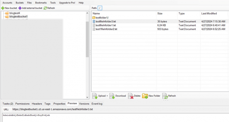 Screenshot of an Amazon S3 bucket interface displaying a list of files with options to upload, download, delete, create new folder, and refresh. Some of the information is redacted. 