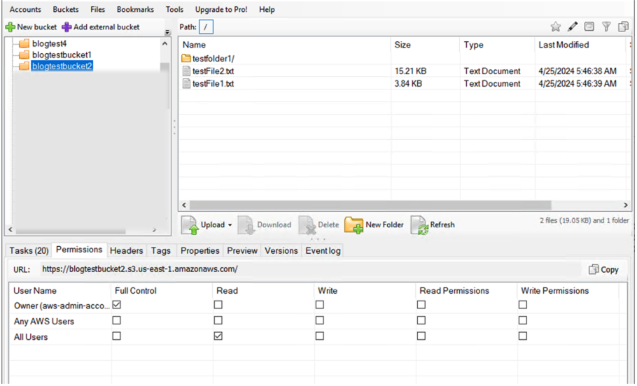 Screenshot of an Amazon S3 management interface displaying four S3 buckets, including 'blogtest1' and 'blogtestbucket1'. The interface shows options for tasks, permissions, properties, and includes a panel listing files in the selected bucket, such as 'testfolder1' and 'testfile1.txt'.