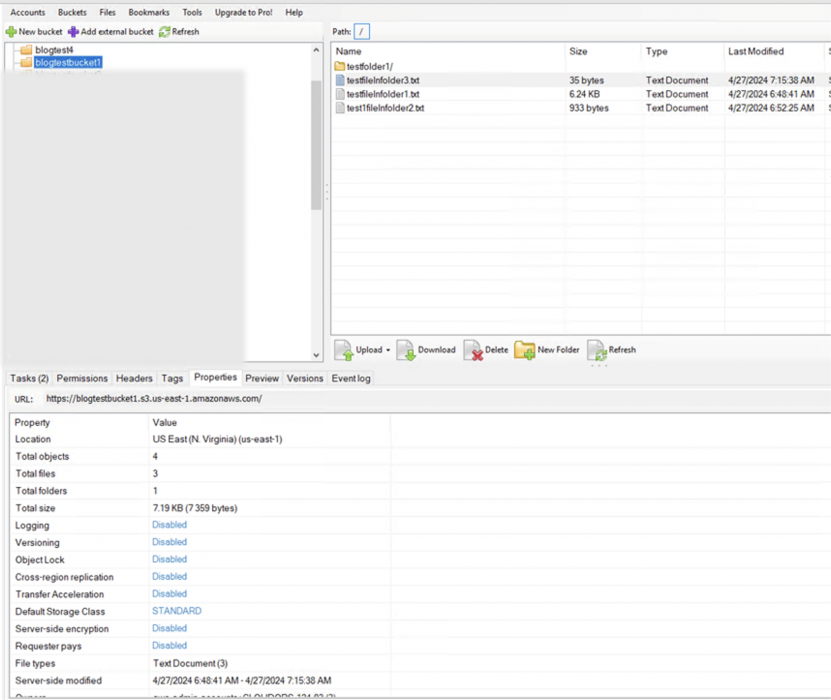 Screenshot of a computer interface for Amazon S3 (Simple Storage Service) showing various file management options including folders, upload functions, and file details like names and timestamps.