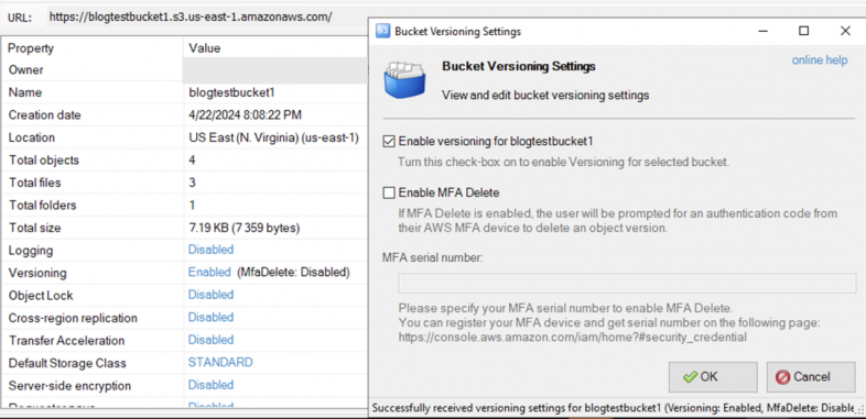 Screenshot of an Amazon AWS S3 bucket properties dialog box, displaying details such as creation date, region (US East), total size, and the state of various settings like logging and versioning. The versioning pane is in its own window. Enable versioning is selected for one of the buckets. 