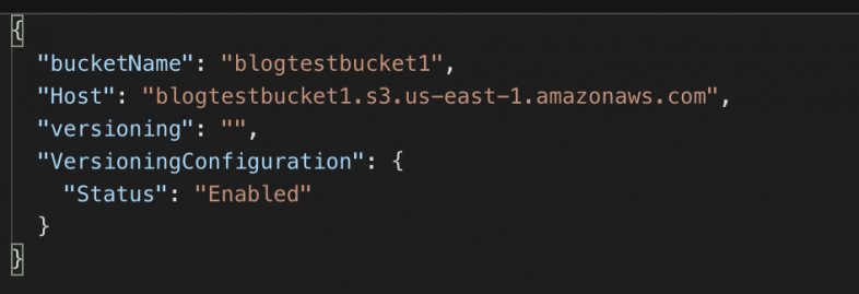 Text showing a JSON configuration snippet with parameters for a bucket named "blogtest.s3.us-east-1.amazonaws.com" hosted on Amazon AWS, including enabled versioning status.