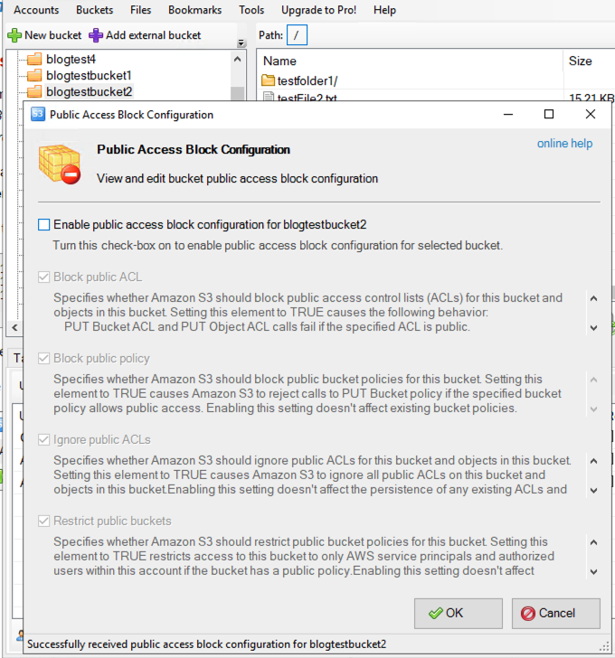 Screenshot of an Amazon S3 management console with various settings displayed for a bucket named 'blogtestbucket1'. The Public Access Block Configuration pane is open. The page includes options for public access settings, including enabling and disabling public access, and viewing bucket policy for the specified bucket. The interface elements include tabs for permissions and other settings, as well as a side menu with further options. The status bar at the bottom shows successful retrieval of bucket properties.